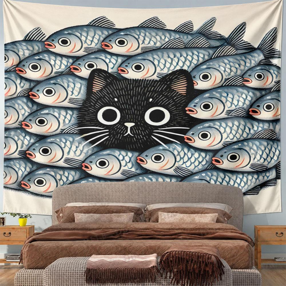 Black Cat Surrounded by Blue Fish Pattern Wall Hanging Tapestry Decorative Tapestry Home Decor for Bedroom and Living Room