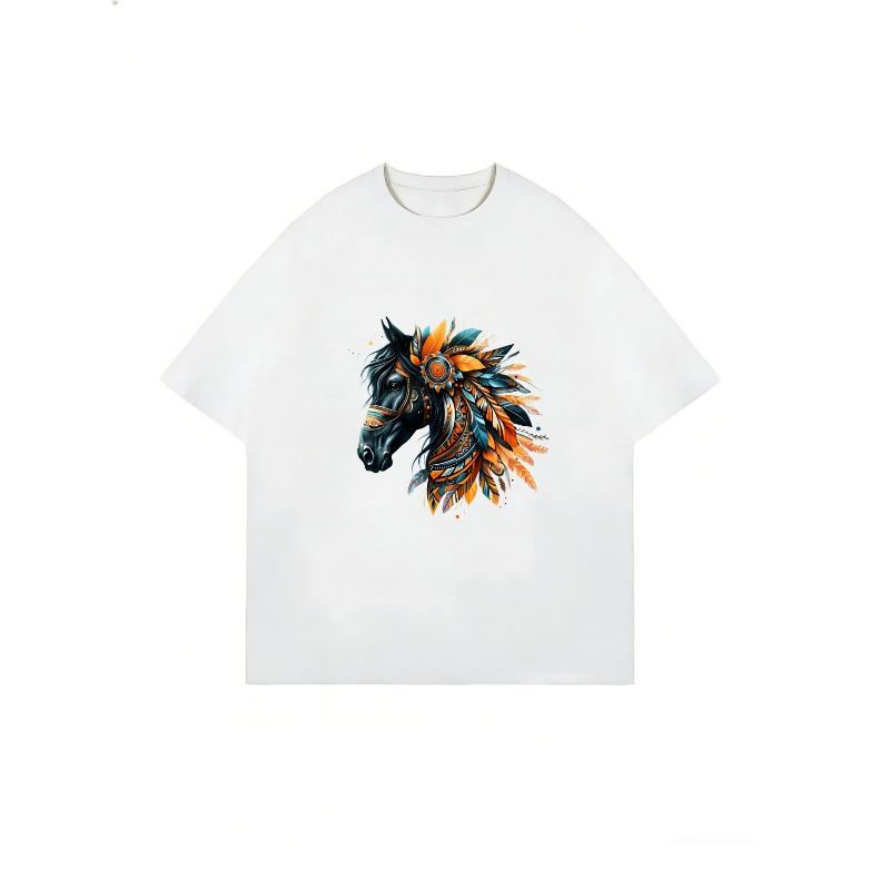 Oversized T Shirt Dress Black Horse With Feathers And Tribal Design Graphic Print Casual Streetwear For Women