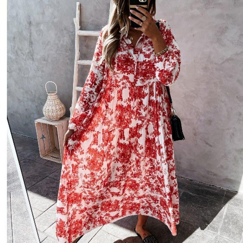 

Dress Spring and Autumn New V-neck Loose Long-Sleeved Dress Red L