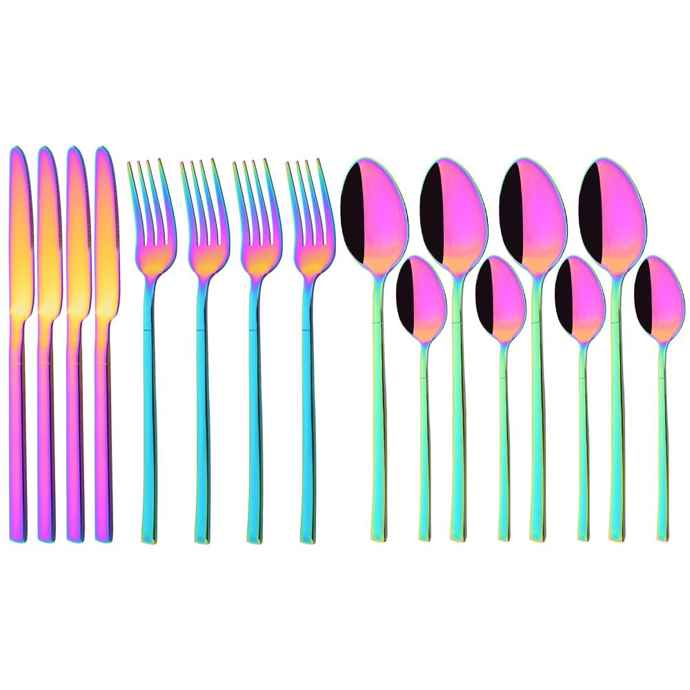 16Pcs Rainbow Dinnerware Stainless Steel Cutlery Set Western Knife Fork Spoon Dinner Flatware Set Kitchen Silverware Tableware