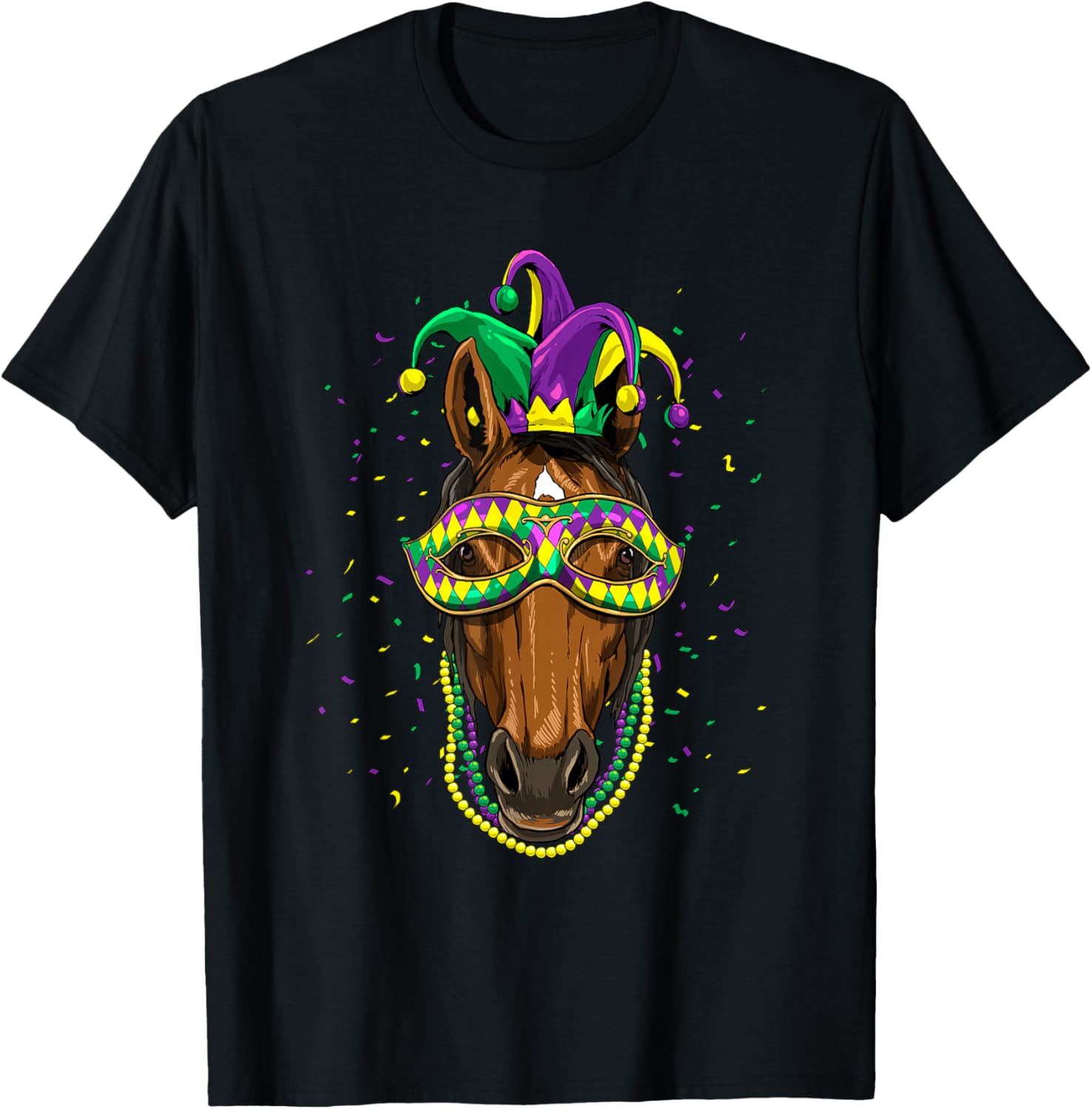 

Mardi Gras Horse Mask Beads Graphic Tee Cotton Casual Round Neck T-Shirt for Men 4XL