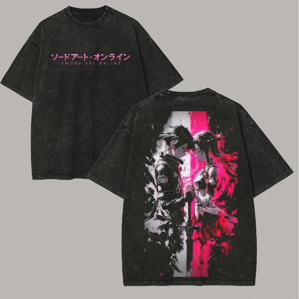 Sword Art Online Kirito & Asuna Vintage Washed T-Shirt Anime Couple Graphic Black Cotton Oversized Streetwear Tee
