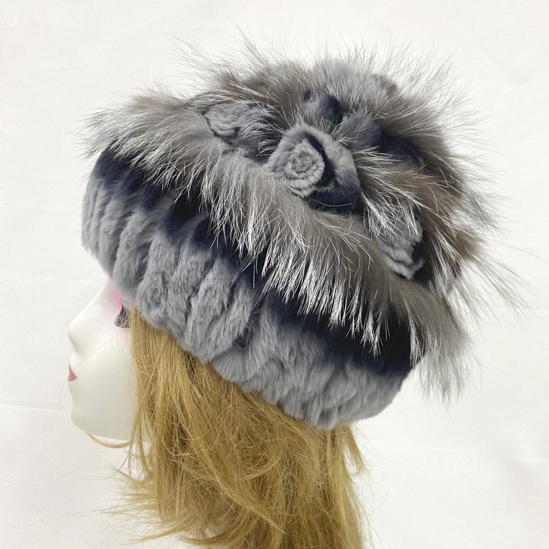 

Зимние меховые шапки для женщин, вязаные шапки из мягкого кроличьего меха с цветочным узором 55-60cm серый