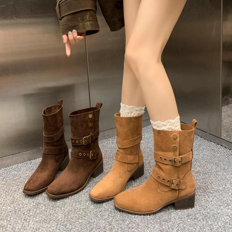 Winter Comfortable/Non Slip Large Thick Heel Midsole Boots Fashion New Round Head Double Buckle Elegant Casual Boots For Women