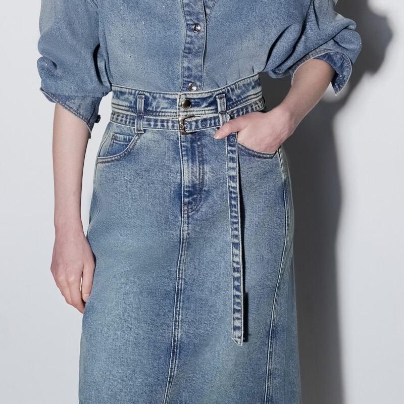 ONLY Women's Adjustable Belt Slit Denim Maxi Skirt