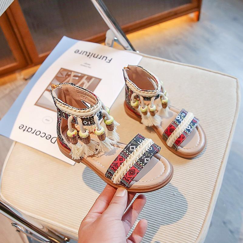 New Summer Girls Sandals, Fashion Versatile Ethnic Style Tassel Soft Sole Princess Shoes for Little & Middle Kids 23 чёрный