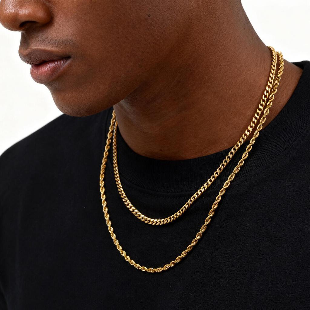 2pcs Trendy Chain Necklace for Men Boys,Stainless Steel Silver Gold Color Cuban Chain Collars,Box Chain Twisted Rope Chain Gift