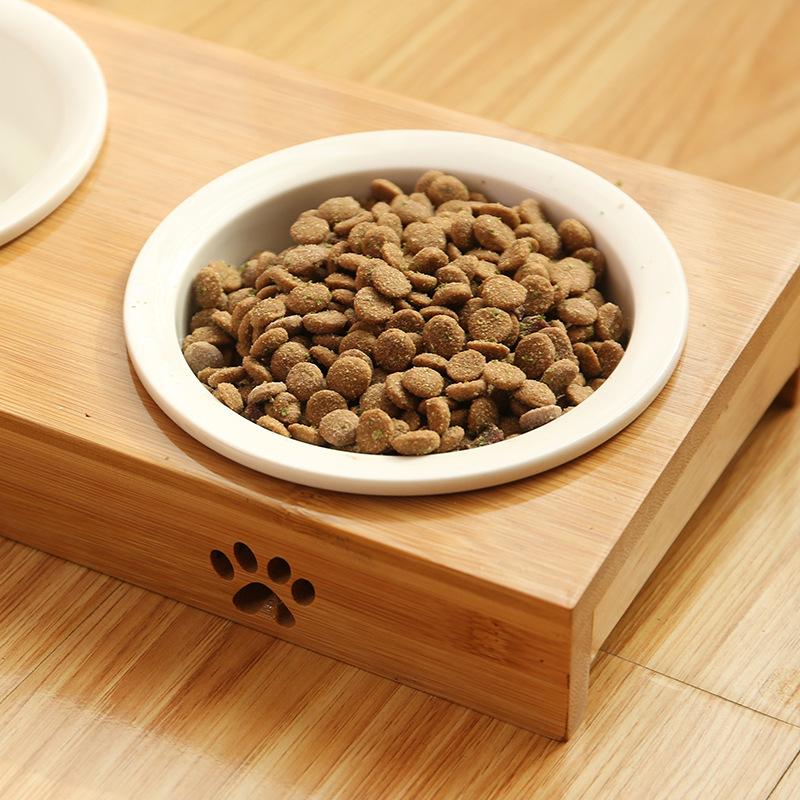 Anti-tip Cat Food Bowl With Dual Porcelain And Bamboo-wood Tilt Protection For Cervical Spine Safety, Pet Meal Feeder Stand