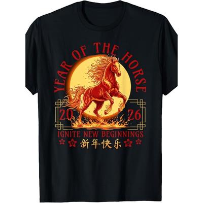 T-shirt da Donna Taglia Europea Anno Nuovo Cinese 2026 Anno del Cavallo di Fuoco T-shirt Stampata a Maniche Corte Estiva