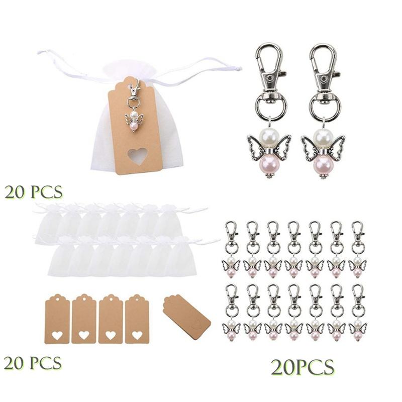 Creative Guardian Angel Wings Keychain Plus Organza Bags & Thank You Tags Baby Shower Party Supplies Wedding Birthday Gifts (Mix Color 20pcs)