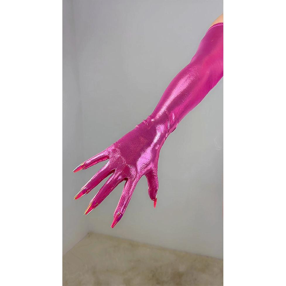 HOLOGRAPHIC Laser NAIL GLOVES Metallic Shiny Blue Touchscreen 70CM Long TECH Thin Elastic Holo Evening Party Glove with Nails