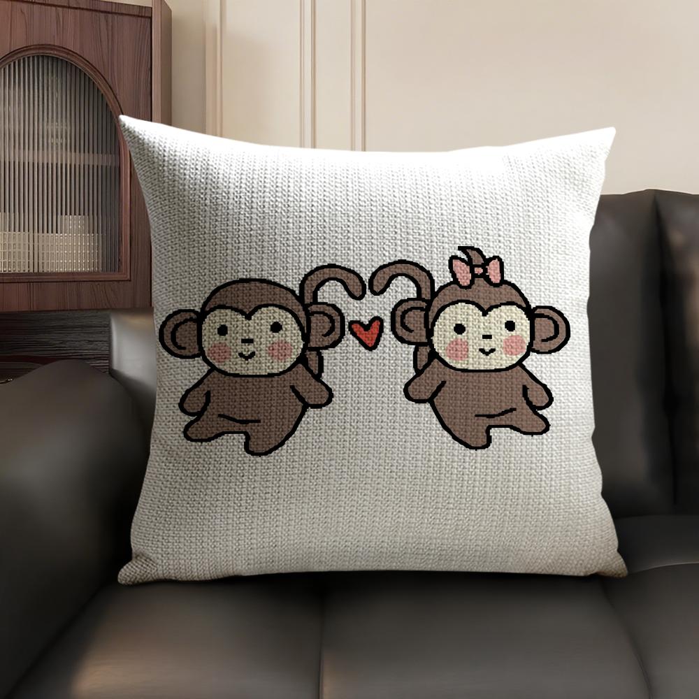 Happy Monkey Cushion Cover Summer Breathable Linen Organic Fabric Double-Sided Printing Sofa Pillow Case Home Decor