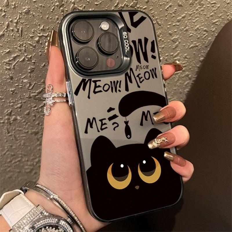 Cartoon Black Cat Eating Fish Electroplate Silver Case For  Redmi Note 14 13 12 11 10 Pro Plus 5G 12S Redmi 14C 13 Cover