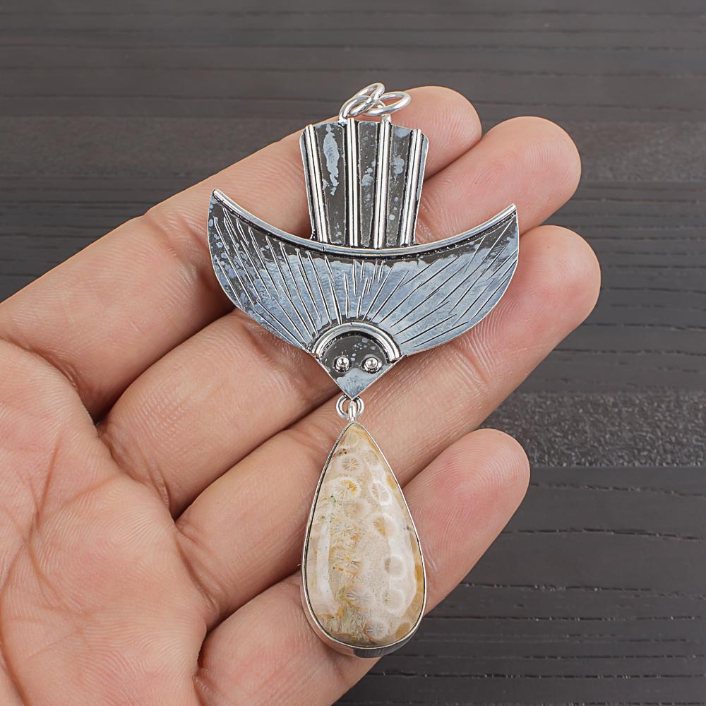 Натуральный Желтый Ископаемый Коралл Драгоценный Камень Ювелирное Изделие из Стерлингового Серебра 925 Пробы Подвеска 3.16  AJP-2098