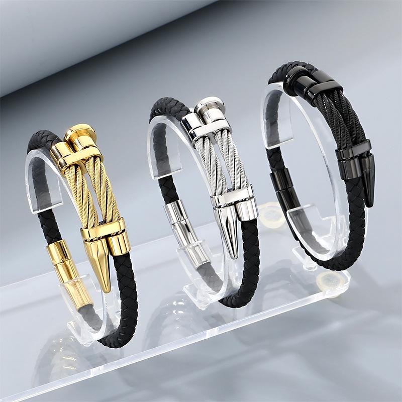 Personalized Steel Wire Nail Magnetic Buckle Bracelet, Niche Fashion Point Rivet Woven Leather Men's Bracelet 2026