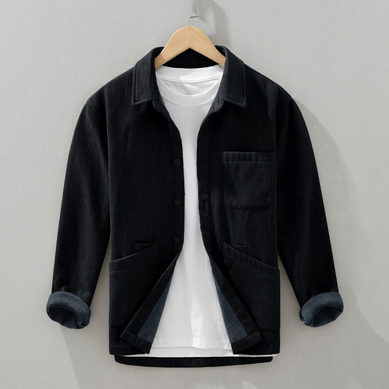 With Tags Removed, Turn-Down Collar, Fleece-Lined, Ramie Long-Sleeve Men's Winter Cotton-Linen Japanese-Style Casual Shirt, High-End Feel Jacket