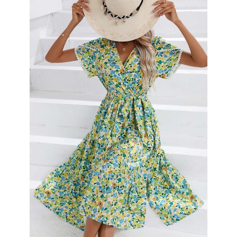 Summer Short Sleeve Floral Printed Women Dress New V Neck Fashion Elegant Loose Casual Party A-line Dresses Female Lace-up Women's Clothing