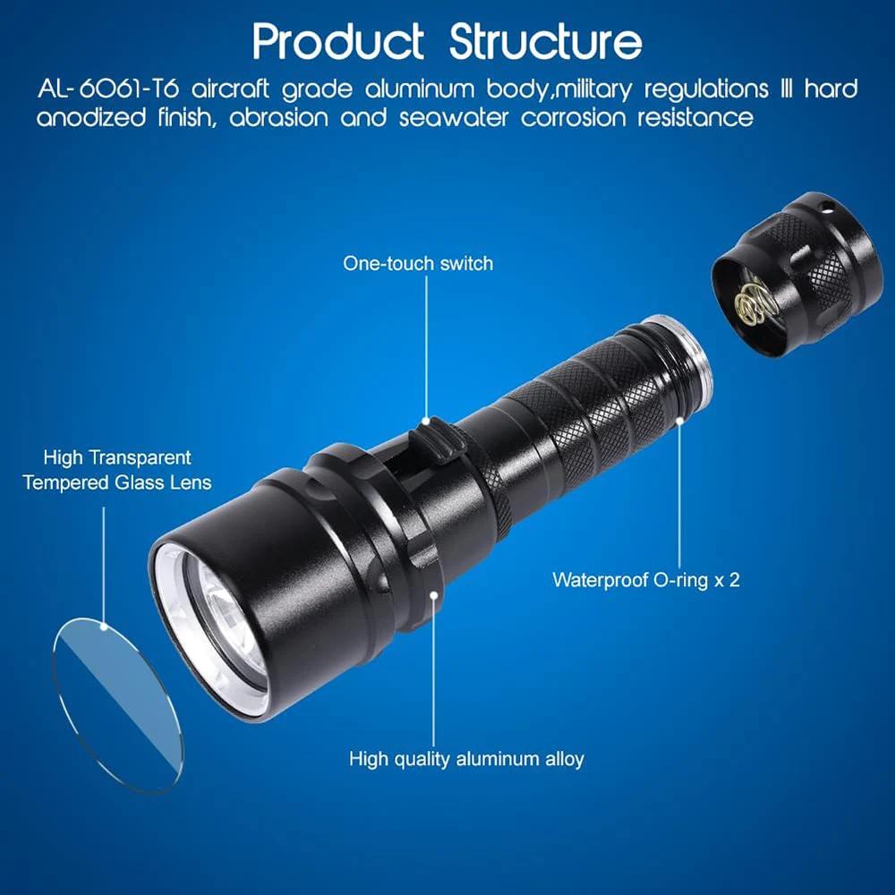 High Power Diving Flashlight IP68 Waterproof Lamp Professional Diving Light High Lumen LED Underwater Torch with 18650 Battery