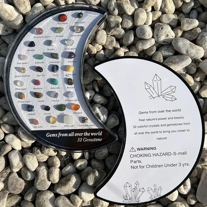 Gems from All Over The World ,32 Types of Natural Crystal Gemstone Moon Shaped Set, Rocks Set with Educational Display Case