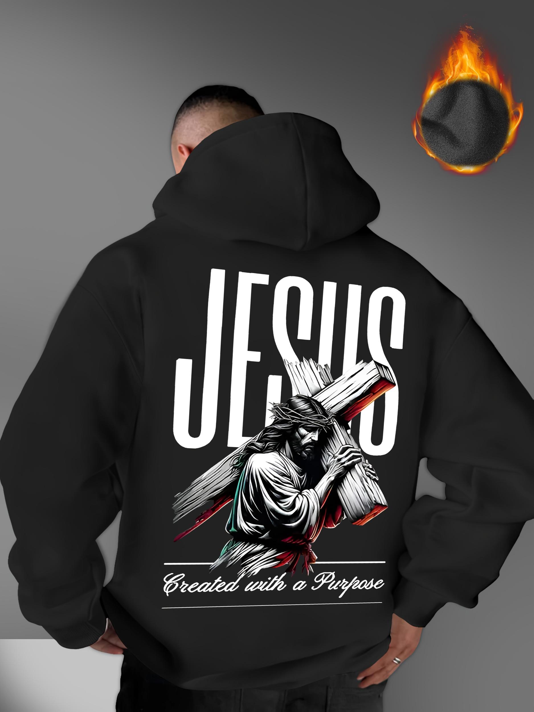 Jesus trägt Kreuz Glaube Porträt Druck Herren Hip Hop Sport Fleece Hoodie Rückseite Großbuchstaben Grafik Warm Locker Sweatshirt S schwarz