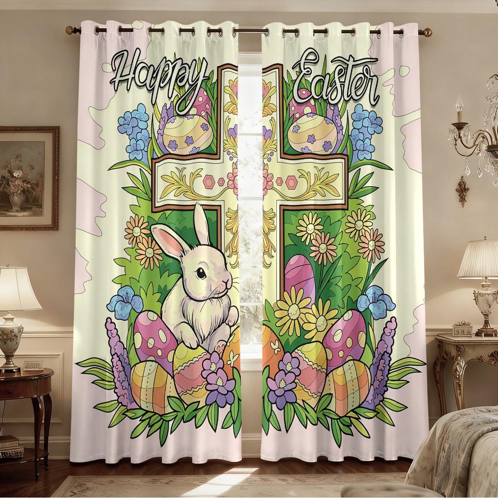 Set Of 2 Easter Cartoon Rabbit Cross Print Perforated Curtains Multiple Sizes Living Room Bedroom Insulation Decoration Curtain Blackout Polyester