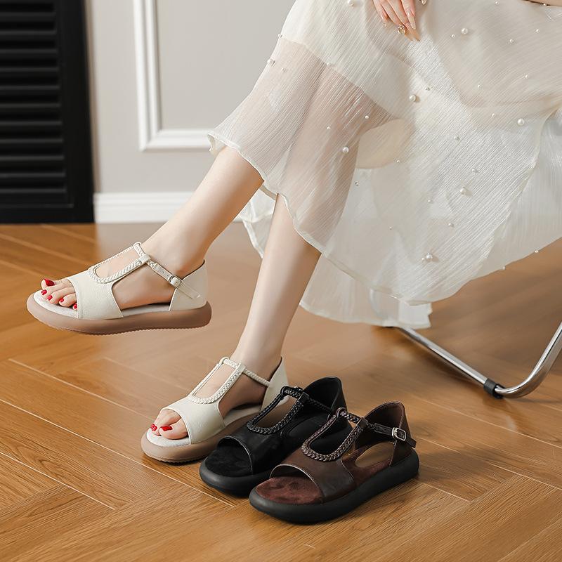 Good-looking French retro woven belt casual flat sandals women's summer new open-toe one-word belt Roman shoes