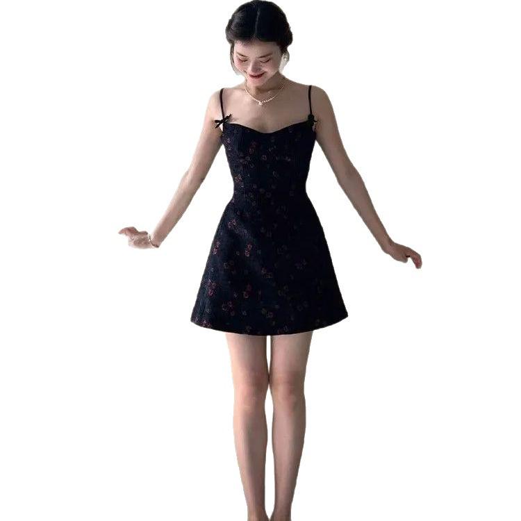 Women's Black Floral Backless Summer Dress: Sweet & Spicy, Short Sling Skirt