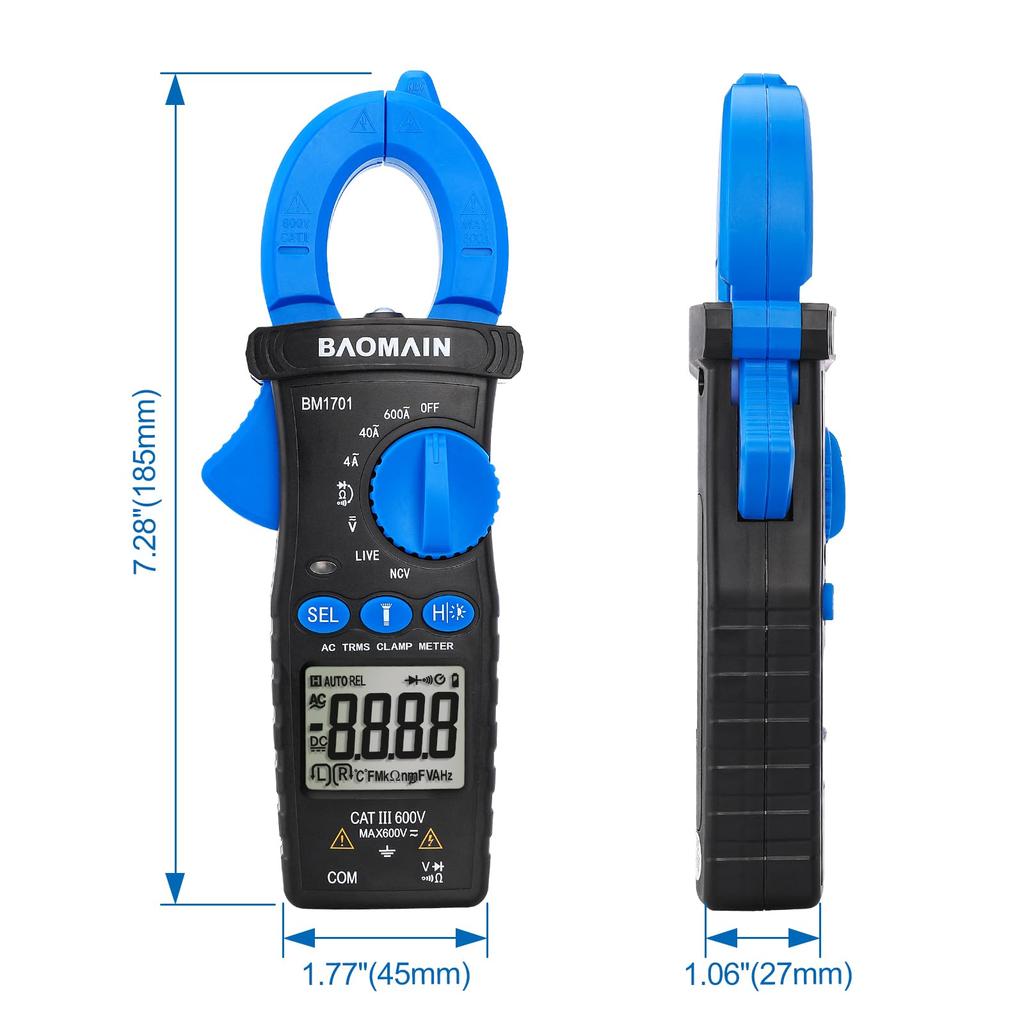 BAOMAIN - Digital Clamp Meter, 4000 Count Multimeter, Measures 4A/40A/600A AC Current, AC/DC Voltage, Resistance, Diode, Continuity, NCV, Wire Test, B