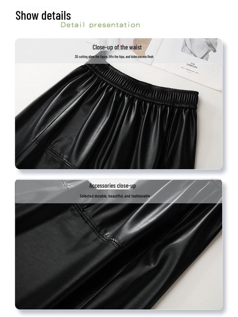 Coffee PU Leather Elastic Waist A-Line Pleated Midi Skirt - Women's 2024 Spring/Autumn Style