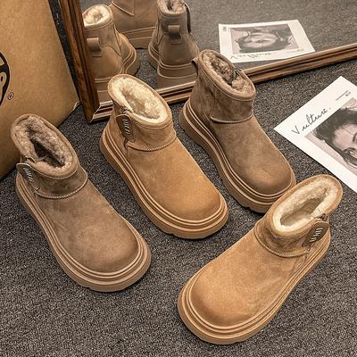 Plateau Stiefeletten Schneestiefel Damen Wildleder Flats Fell Baumwollschuhe Marke Winter Plüsch Warme Schuhe Frau 2025 Trend Fad Gemütliche Botas Mujer