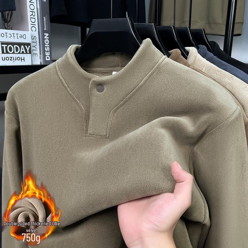 Men's Double-Sided Coral Fleece Hoodie with Henley Collar - Thickened Plus Velvet, Warm Autumn/Winter Casual Base Layer.