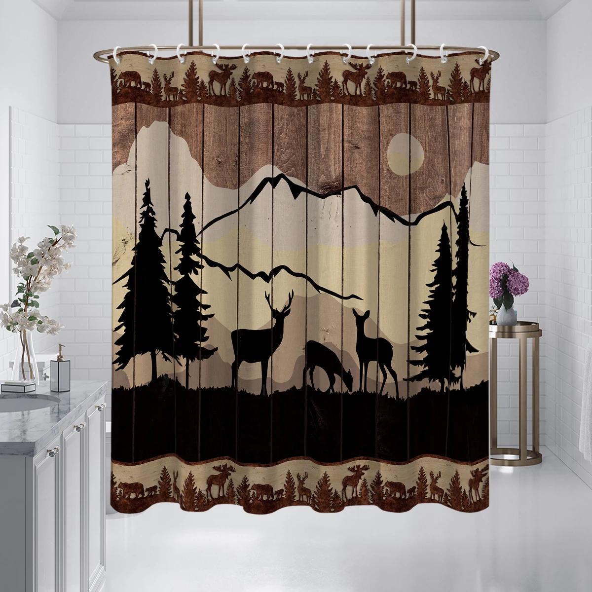 

1PC forest and animal pattern printed shower curtain, waterproof, washable, with 12 hooks, bathroom shower, bathtub, home use W90xH180cm