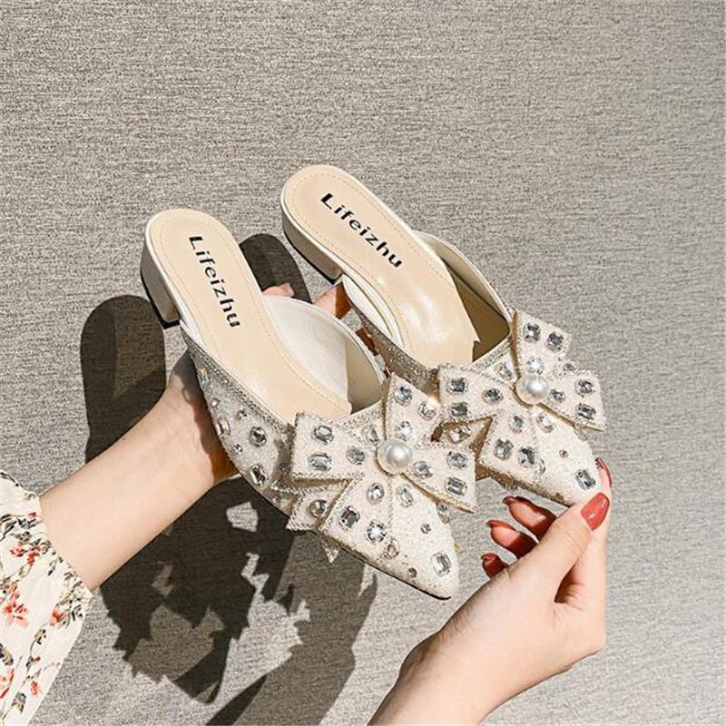 Women Slippers Fashion Rhinestone Sequins Slip On Square Heel Pumps Lady Classic Black Beige High Quality Comfort Summer Shoes