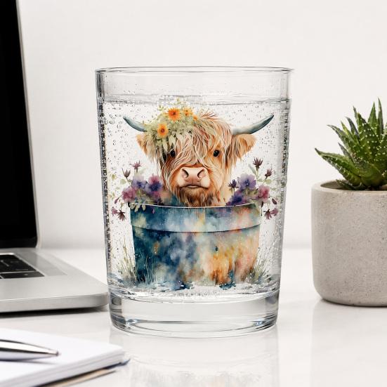 Bicchiere in Vetro Mucca delle Highlands, Bicchiere Termico Acquerello Floreale Dipinto a Mano, Tazza Trasparente per Latte Caffè Whiskey, Regalo per Amanti degli Animali