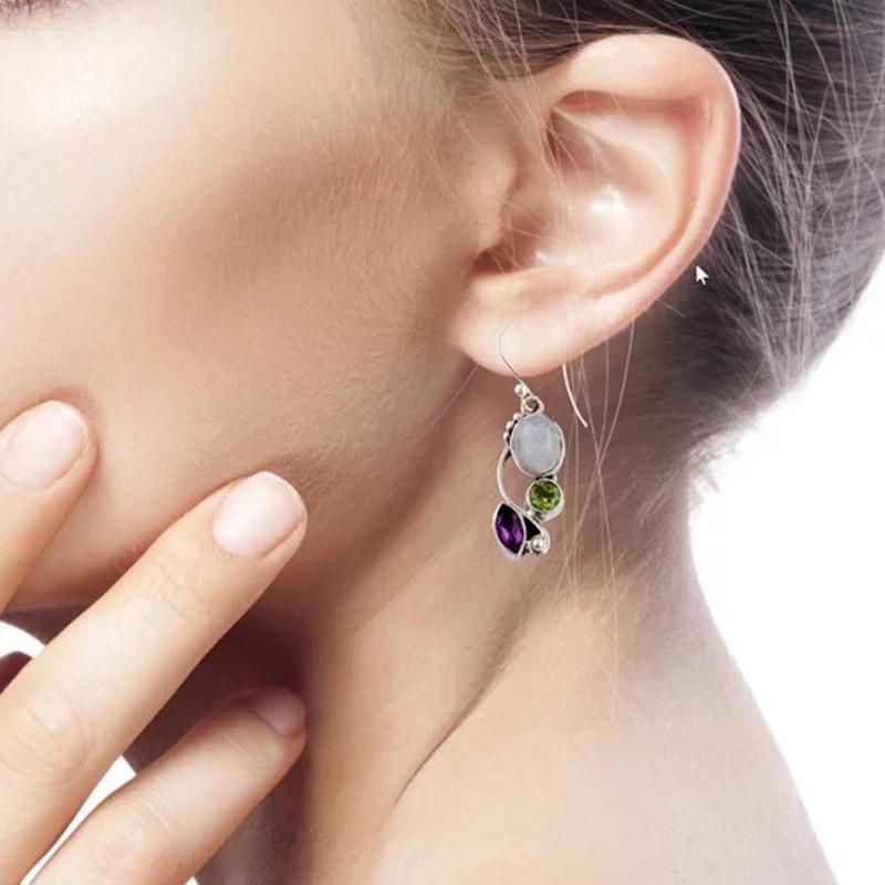 European And American Natural Moonstone Female Multi -Color Zircon Earrings
