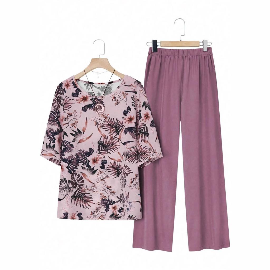 Women's plus size set printed short-sleeved T-shirt casual loose solid color trousers clothes sale