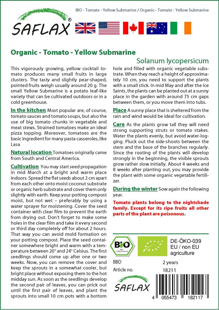 SAFLAX Garden In the Bag - Organic - Tomato - Yellow Submarine - 10 Seeds - With Substrate In a Fitting Stand Up Bag - Solanum Lycopersicum