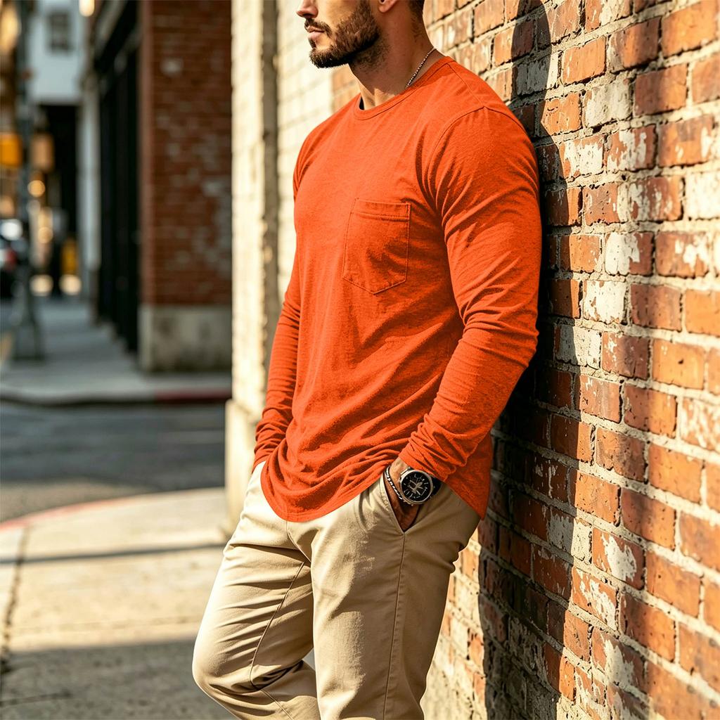 Men's Casual Long Sleeve Neck T-Shirt with Chest Pocket