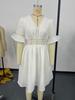 European & American Women's Summer V-neck Solid Color Dress with Patchwork Lace & Waist-cinching Design