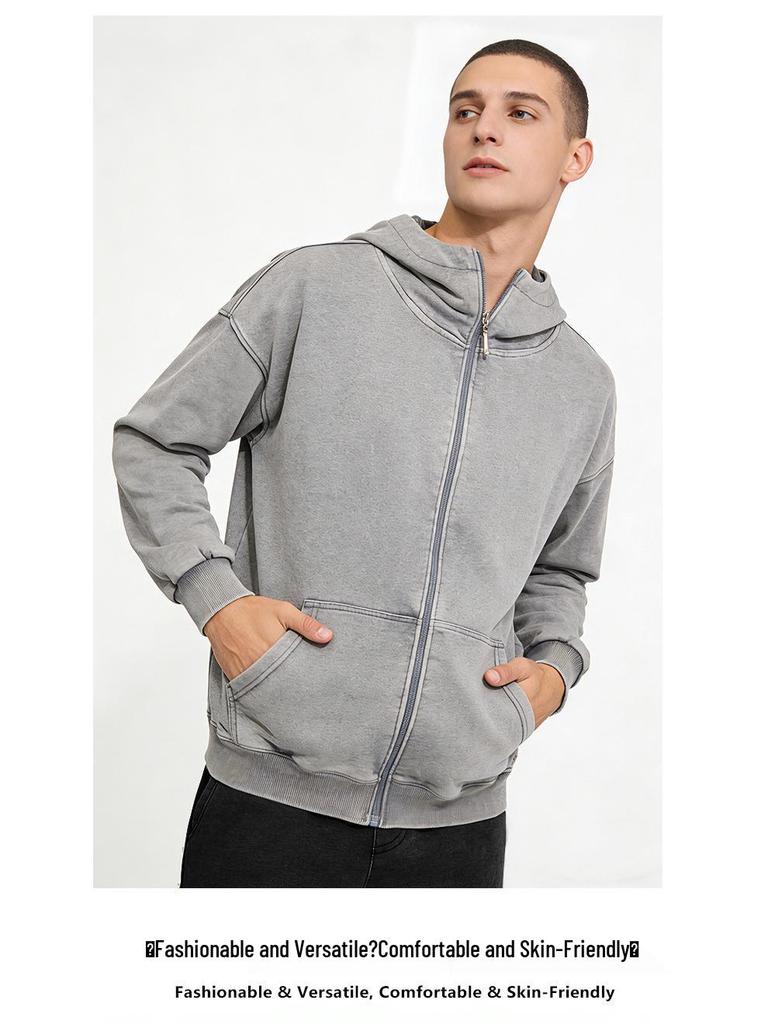 European Style 350g Cotton Hooded Distressed Zip-Up Cardigan - Unisex Trendy Jacket