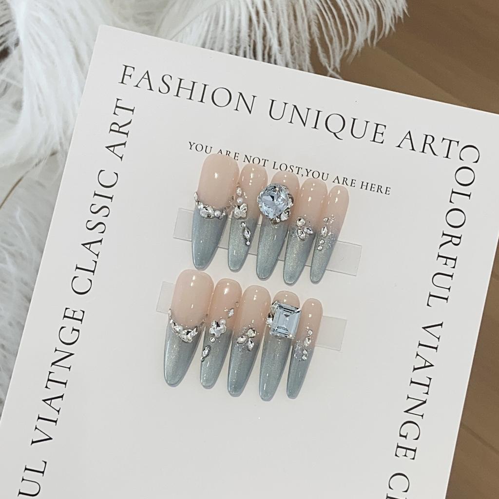 Handmade Blue Gradient Pearl Small Broken Diamond Pile Square Diamond Coconut Ice Blue Removable Nail Stickers