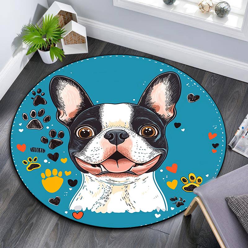 Okrągły dywanik z buldogiem francuskim, Dywanik do salonu, sypialni, przy sofie, pokoju zabaw, Mata podłogowa antypoślizgowa