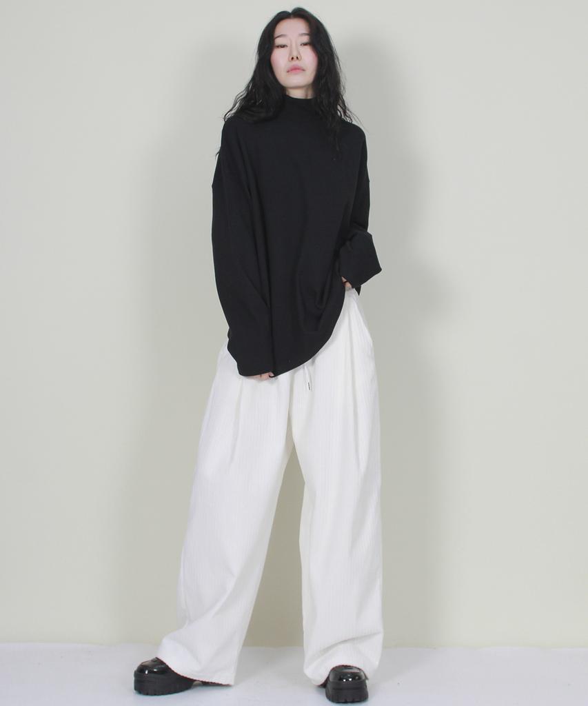 Deumakeu Wide-Fit Corduroy One-Pleat Elastic Pants White