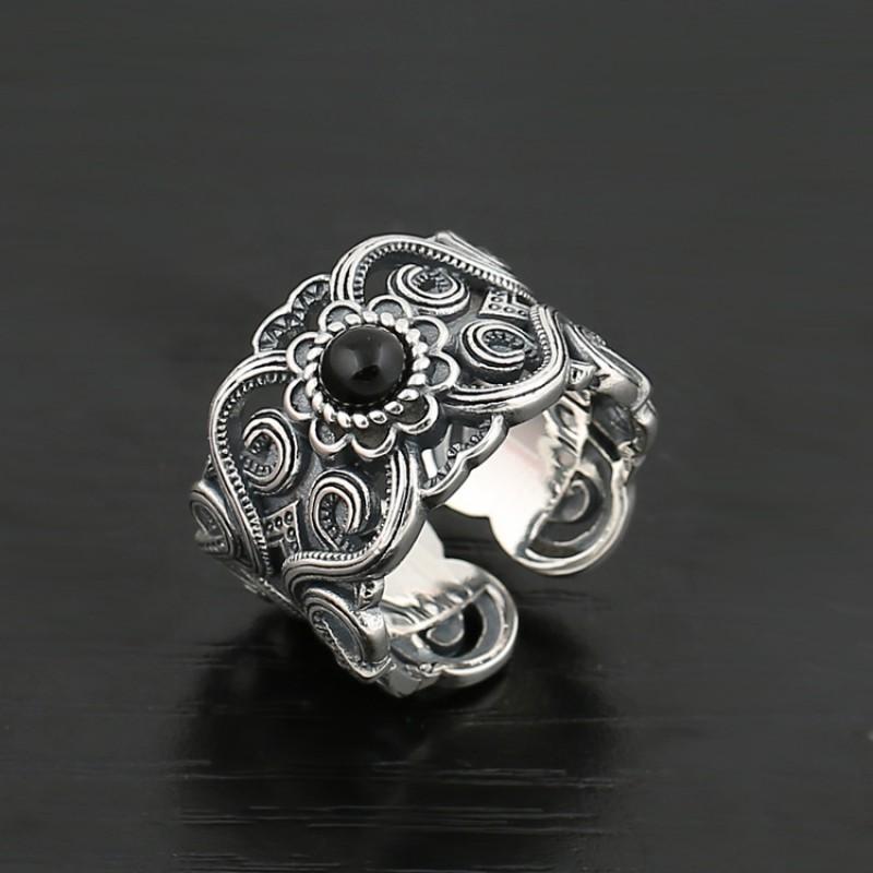 Adjustable Open Ring Men Women Vintage Ethnic Mongolian Sterling Geometric Statement Jewelry