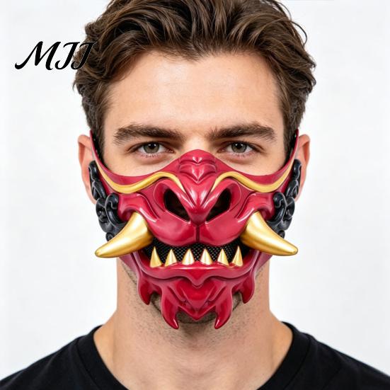 Unique Halloween Photo Prop Japanese Hannya Red Half Mask, Wolf Teeth & Embossed Cloud Details, Breathable Lightweight Cosplay Costume Mask