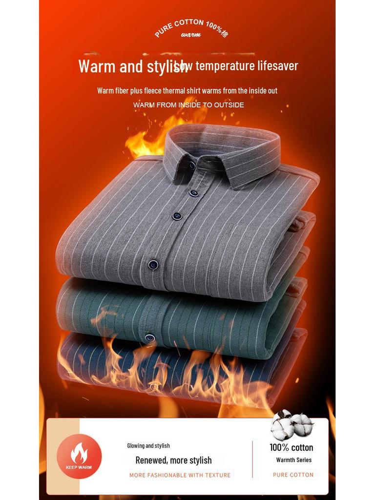 Men's Long Sleeve Cotton Plaid Shirt with Velvet Lining