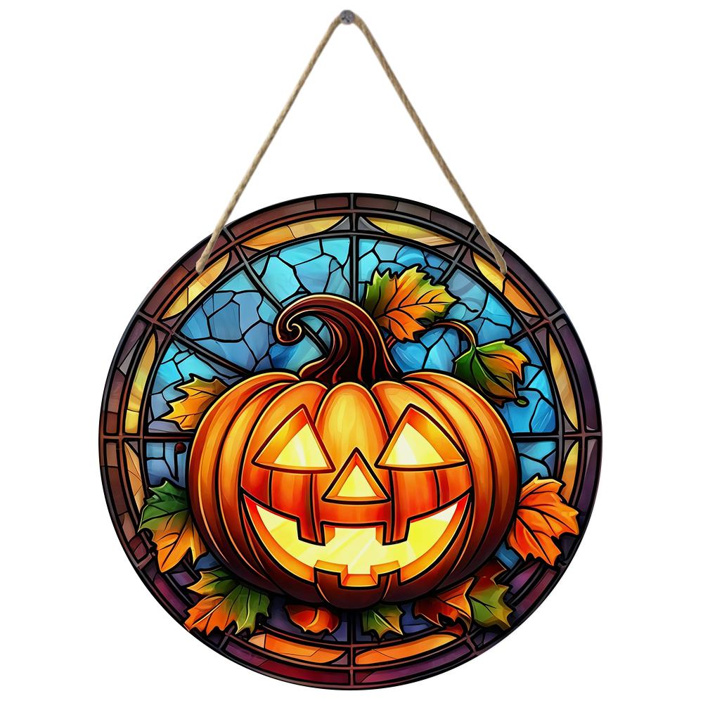 Stained Glass Style Pumpkin Autumn Harvest Round Wooden Hanging Plaque Indoor Outdoor Wall Decor Front Door Sign Home Festival Party Ornament