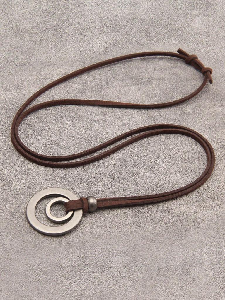 Vintage-Inspired Double Circle Alloy Pendant BrownLeather Chain Necklace with Adjustable Velvet Cord Bohemian Western Rustic Style