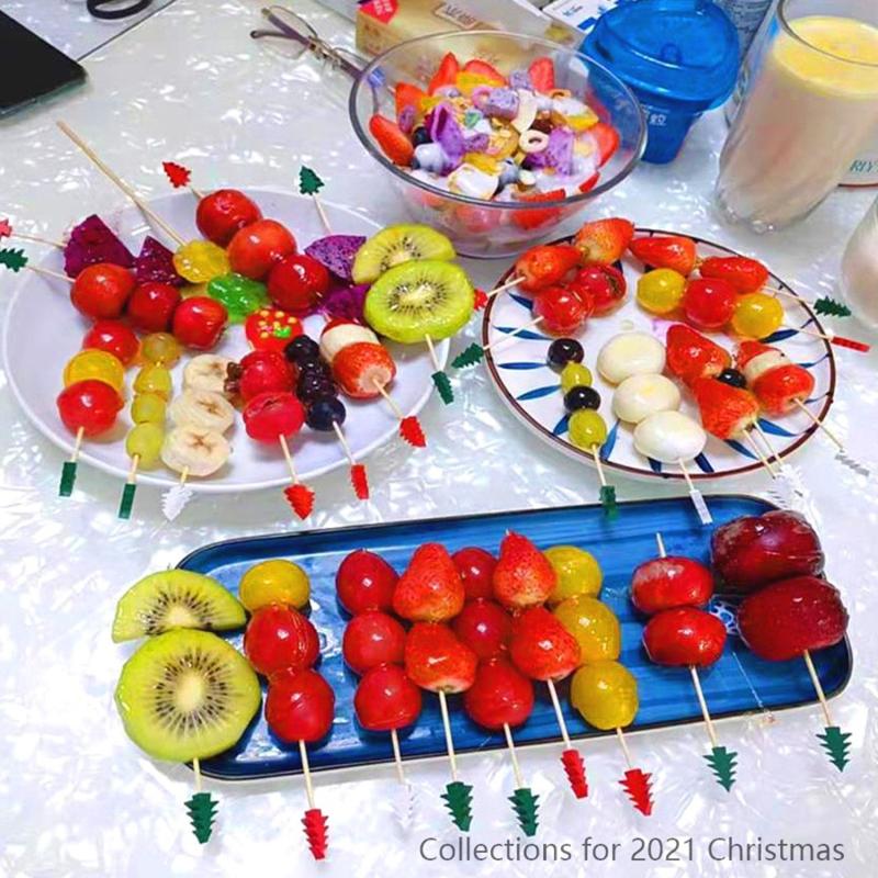100Pcs Christmas Disposable Bamboo Skewers Santa Claus Snowman Pick Buffet Cupcake Fork Toothpick Christmas Party Decor Supplies