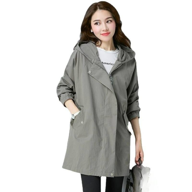 

Женский весенне-осенний ветрозащитный плащ на молнии с капюшоном для полных, больших размеров, для похудения, женская куртка средней длины S серый